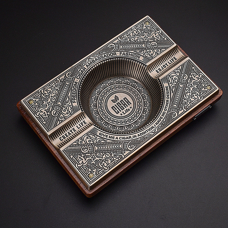 Solid Wood Fashion Stainless Steel Alloy Cigar Ashtray
